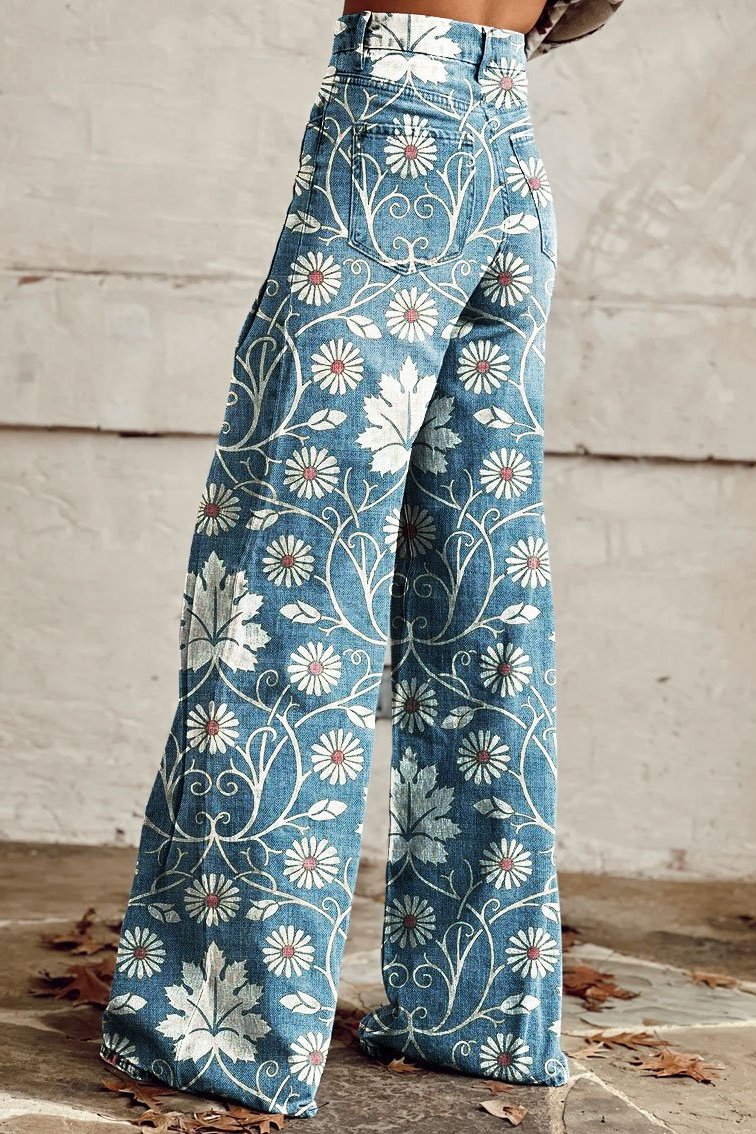 Elodie™ | Vintage Daisy Bloom High-Rise Wide-Leg Trousers