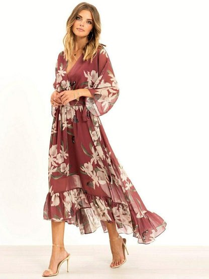 Yasmine | Women's Floral Wrap Midi Dress with Kimono Sleeves