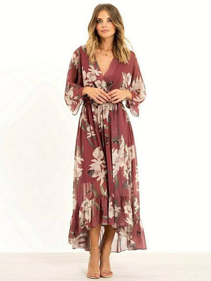 Yasmine | Women's Floral Wrap Midi Dress with Kimono Sleeves