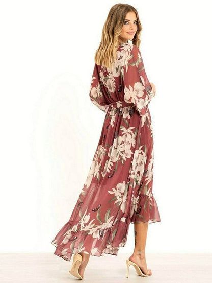 Yasmine | Women's Floral Wrap Midi Dress with Kimono Sleeves