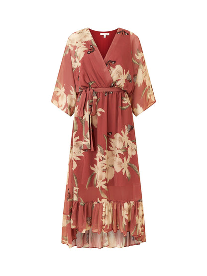 Yasmine | Women's Floral Wrap Midi Dress with Kimono Sleeves
