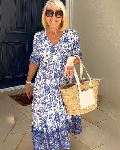 Keisha | Women's Floral Print V Neck Half Sleeve Maxi Dress