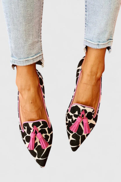 Dhreika | Women's Giraffe Print Tassel Pointed Toe Loafers