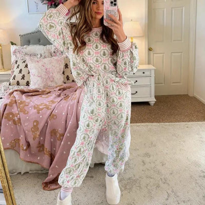 Aubrey | Women's Christmas Tree Bow Print Long Sleeve Lounge Set