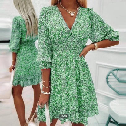 Sunna | Women's Ditsy Floral V Neck Smocked Waist Midi Dress