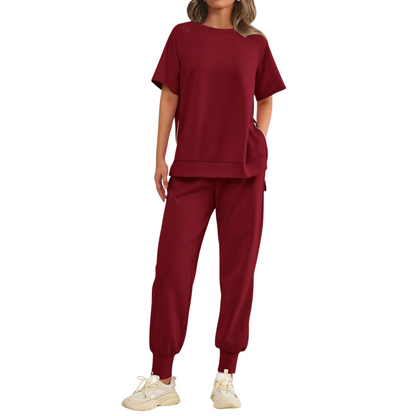Hilaria | Women's Notch Neck Short Sleeve Top and Jogger Pants Set