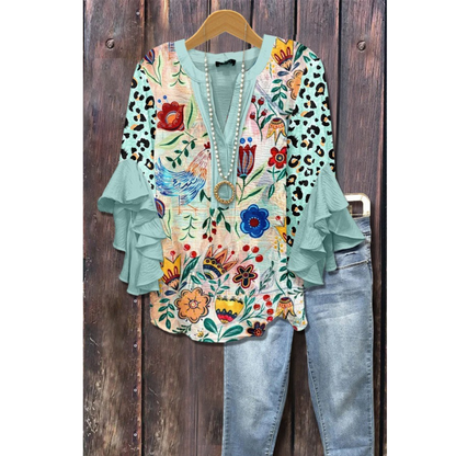 Amarri | Women's Mixed Floral Print V Neck Bell Sleeve Blouse