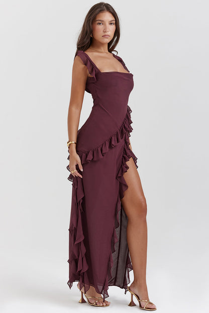 Alicia | Women's Square Neck Tie Shoulder Ruffle Maxi Dress with Slit