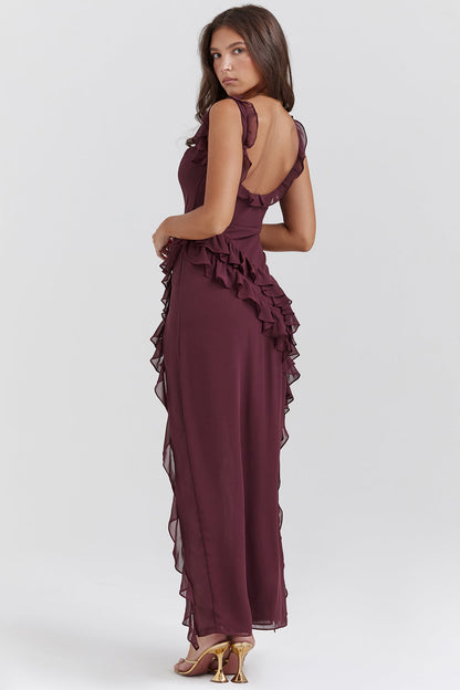 Alicia | Women's Square Neck Tie Shoulder Ruffle Maxi Dress with Slit