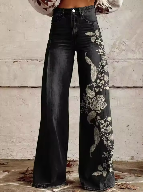 Marla | Noir Bloom Wijde-Pijp Geborduurde Broek