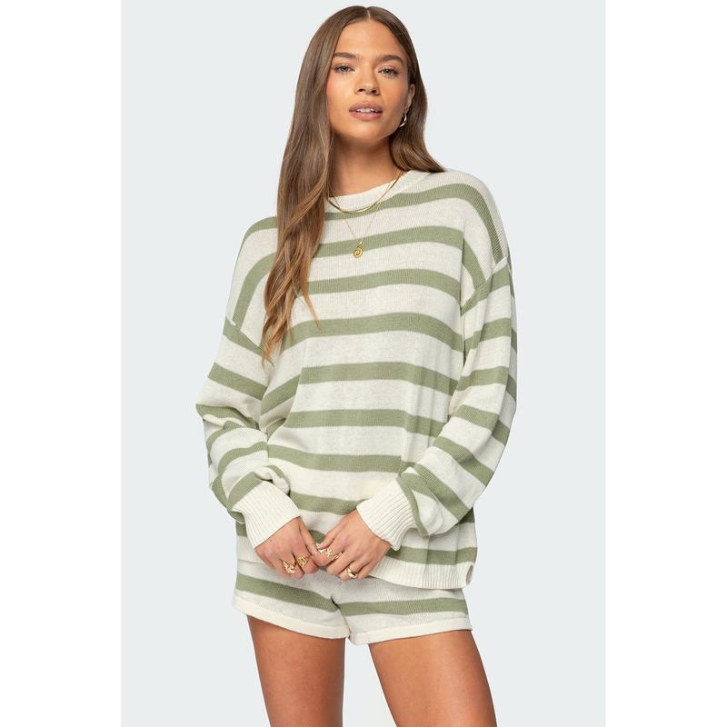 NINA™ - Oversized Striped Knit Sweater & Lace-Up Shorts Two-Piece Set
