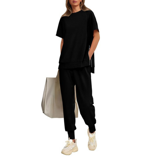 Hilaria | Women's Notch Neck Short Sleeve Top and Jogger Pants Set