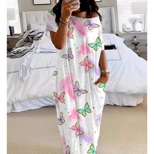 Lunari | Women's Butterfly Print Round Neck Loose Nightgown