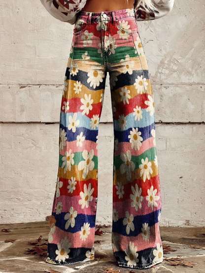 Eliane | Women's Retro Floral Striped High Waisted Wide Leg Pants