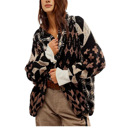 Georgina | Women's Oversized Print Knit Collared Button Down Cardigan Coat