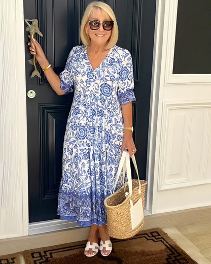 Keisha | Women's Floral Print V Neck Half Sleeve Maxi Dress