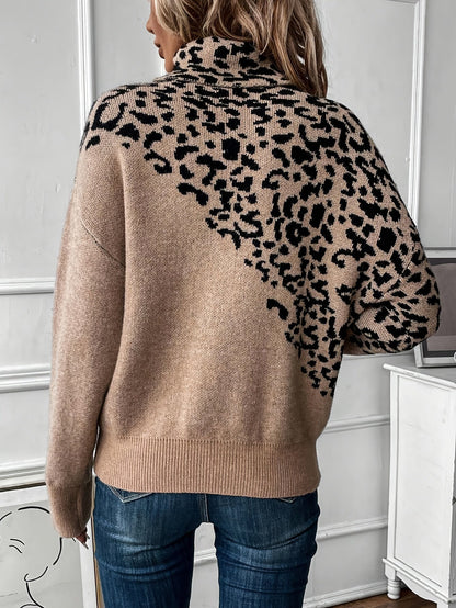 Zayna | Women's Leopard Print Knit Mock Neck Sweater