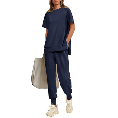 Hilaria | Women's Notch Neck Short Sleeve Top and Jogger Pants Set