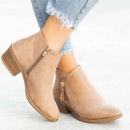 Kalvaya | Women's Pointed Toe Side Zip Block Heel Ankle Boots