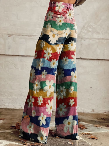 Eliane | Women's Retro Floral Striped High Waisted Wide Leg Pants