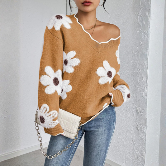 Kyupa | Women's Floral Knit V Neck Drop Shoulder Sweater