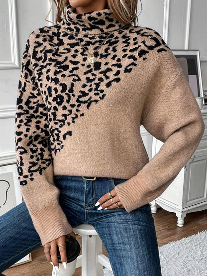 Zayna | Women's Leopard Print Knit Mock Neck Sweater