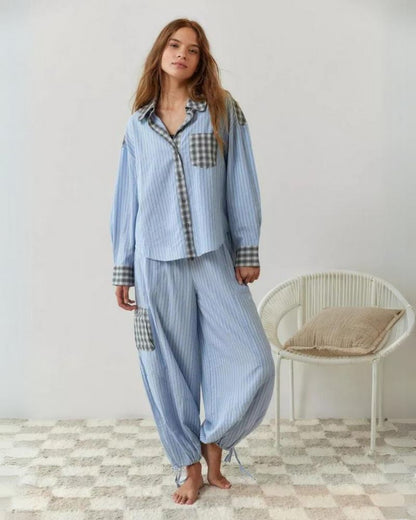 Lenya | Women's Striped Patchwork Button Up Pajama Set