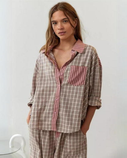 Lenya | Women's Striped Patchwork Button Up Pajama Set