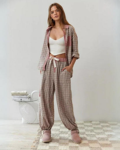 Lenya | Women's Striped Patchwork Button Up Pajama Set