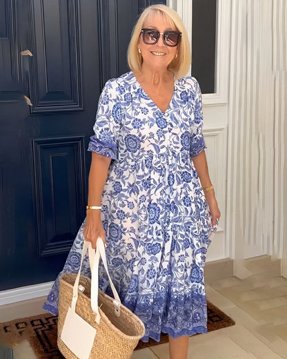 Keisha | Women's Floral Print V Neck Half Sleeve Maxi Dress
