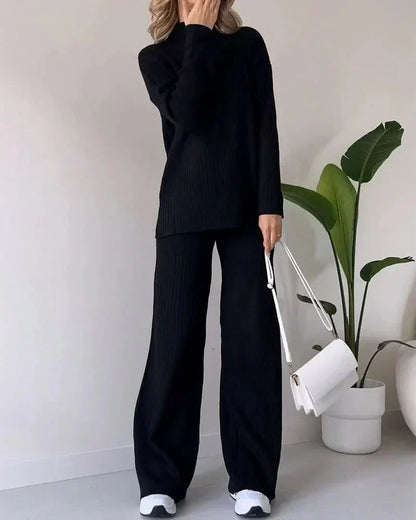 Lily | Women's Knit High Neck Sweater and Wide Leg Pants Matching Set