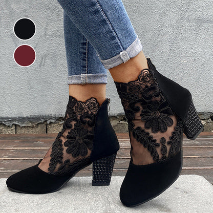 Jolie | Women's Lace Panel Pointed Toe Block Heel Ankle Boots