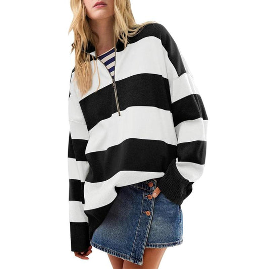 Autumn | Women's Striped Knit Oversized Quarter Zip Turtleneck Sweater