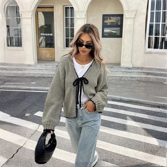 Moriah | Women's Knit Contrast Trim Tie Front Cardigan