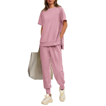 Hilaria | Women's Notch Neck Short Sleeve Top and Jogger Pants Set