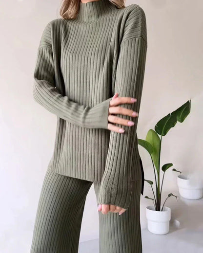 Lily | Women's Knit High Neck Sweater and Wide Leg Pants Matching Set
