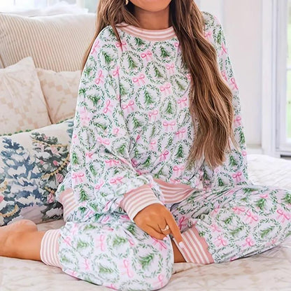 Aubrey | Women's Christmas Tree Bow Print Long Sleeve Lounge Set
