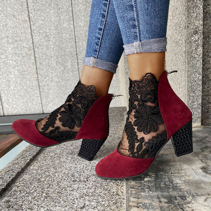 Jolie | Women's Lace Panel Pointed Toe Block Heel Ankle Boots