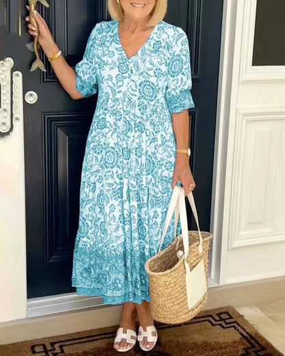Keisha | Women's Floral Print V Neck Half Sleeve Maxi Dress