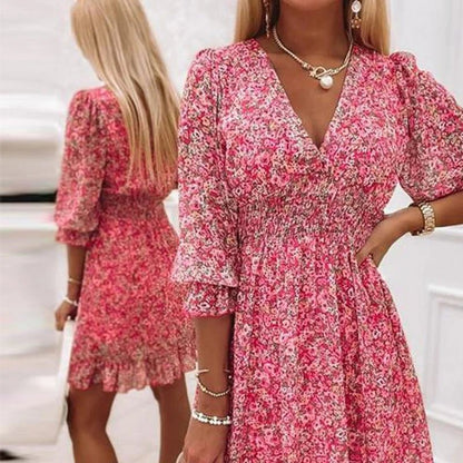 Sunna | Women's Ditsy Floral V Neck Smocked Waist Midi Dress