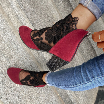 Jolie | Women's Lace Panel Pointed Toe Block Heel Ankle Boots