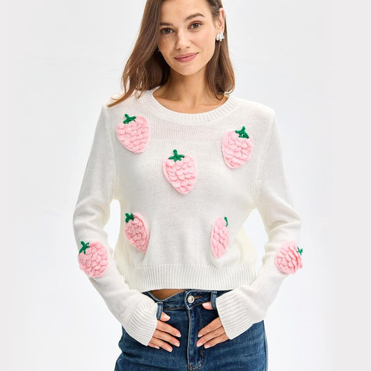 Lanie | Women's Strawberry Embellished Knit Crew Neck Sweater