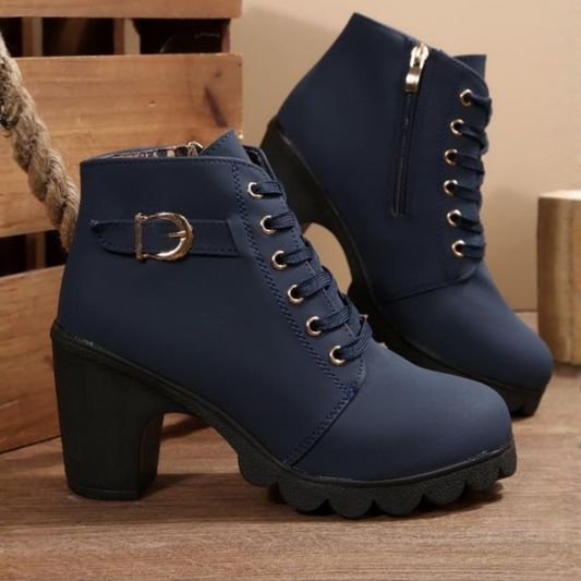 Katni | Women's Lace Up Metal Buckle Chunky Heel Platform Ankle Boots