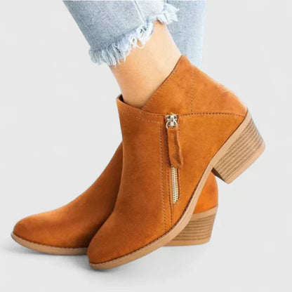 Kalvaya | Women's Pointed Toe Side Zip Block Heel Ankle Boots