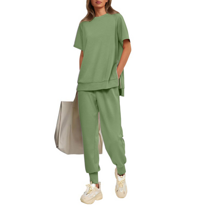 Hilaria | Women's Notch Neck Short Sleeve Top and Jogger Pants Set