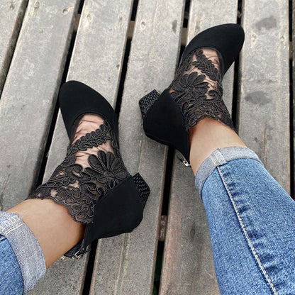 Jolie | Women's Lace Panel Pointed Toe Block Heel Ankle Boots
