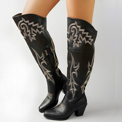 Cheyenne | Women's Embroidered Over the Knee Cowboy Boots with Block Heel