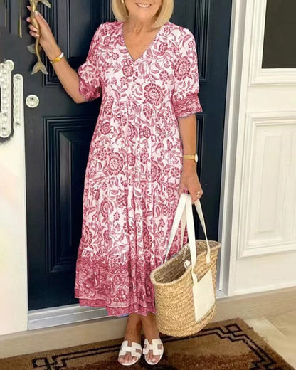 Keisha | Women's Floral Print V Neck Half Sleeve Maxi Dress