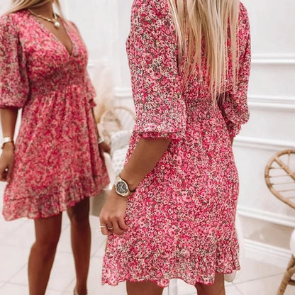Sunna | Women's Ditsy Floral V Neck Smocked Waist Midi Dress