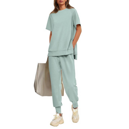 Hilaria | Women's Notch Neck Short Sleeve Top and Jogger Pants Set